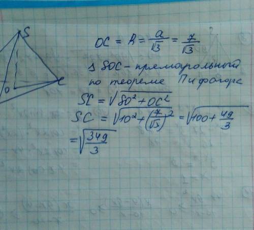 Высота правильной треугольной пирамиды равна 10см,а длина стороны основания 7см.найдите длину боково