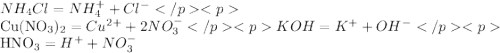 NH_{4}Cl = NH_{4} ^{+} + Cl^{-} 

Cu(NO_{3})_{2} = Cu^{2+} + 2NO_{3}^{-} 
KOH = K^{+} + OH^{-} 

HNO_{3} = H^{+} + NO_{3}^{-}