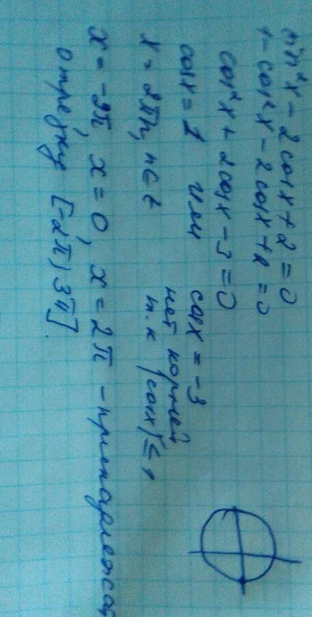 Найдите все решения уравнения sin^2x - 2cosx + 2 = 0 на отрезке {-2п; 3п}