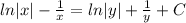 ln |x| - \frac{1}{x}=ln|y|+ \frac{1}{y}+ C