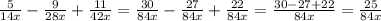 \frac{5}{14x}- \frac{9}{28x}+ \frac{11}{42x}=\frac{30}{84x}- \frac{27}{84x}+ \frac{22}{84x}=\frac{30-27+22}{84x}=\frac{25}{84x}