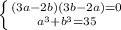 \left \{ {{(3a-2b)(3b-2a)=0} \atop {a^3+b^3=35}} \right.