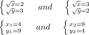 \left \{ {{ \sqrt{x}=2} \atop { \sqrt{y}=3 }} \right. \,\,\,\,\,\,\,\,and\,\,\,\,\,\,\,\, \left \{ {{ \sqrt{x}=3 } \atop { \sqrt{y} }=2} \right. \\ \\ \left \{ {{x_1=4} \atop {y_1=9}} \right. \,\,\,\,\,\,\,\, and\,\,\,\,\,\,\,\, \left \{ {{x_2=9} \atop {y_2=4}} \right.