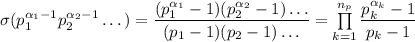 \sigma(p_1^{\alpha_1-1}p_2^{\alpha_2-1}\dots)=\dfrac{(p_1^{\alpha_1}-1)(p_2^{\alpha_2}-1)\dots}{(p_1-1)(p_2-1)\dots}=\prod\limits_{k=1}^{n_p}\dfrac{p_k^{\alpha_k}-1}{p_k-1}