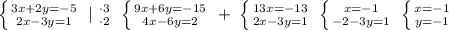 \left \{ {{3x+2y=-5} \atop {2x-3y=1}} \right. \; | \left {{\cdot 3} \atop {\cdot 2}} \right. \; \left \{ {{9x+6y=-15} \atop {4x-6y=2}} \right. \; +\; \left \{ {{13x=-13} \atop {2x-3y=1}} \right. \; \left \{ {{x=-1} \atop {-2-3y=1}} \right. \; \left \{ {{x=-1} \atop {y=-1}} \right.