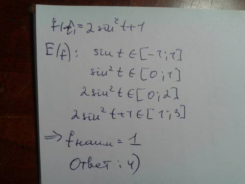 Решите . укажите наименьшее значение функции. f(t) = 2sin^2 t + 1 варианты ответов: 1) 2 2)-2 3)-1 4