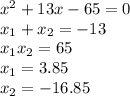 x^{2}+13x-65=0 \\&#10;x_{1}+x_{2}=-13\\&#10;x_{1}x_{2}=65 \\&#10;x_{1}=3.85 \\&#10;x_{2}=-16.85 \\&#10;