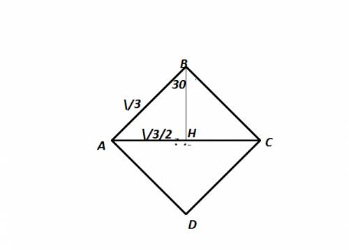 Б+10 за найти площадь ромба, меньшая диагональ которого равна √3, а острый угол равен 60°. в ответе