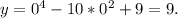 y = 0^{4} - 10*0^{2} + 9 = 9.