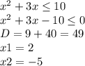 x^{2} +3x \leq 10 \\ x^{2} +3x-10 \leq 0 \\ D=9+40=49 \\ x1=2 \\ x2=-5 \\
