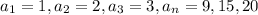 a_{1} =1, a_{2} =2, a_{3} =3, a_{n} =9,15, 20