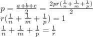 p=\frac{a+b+c}{2}=\frac{2pr(\frac{1}{n}+\frac{1}{m}+\frac{1}{p})}{2}\\&#10;r(\frac{1}{n}+\frac{1}{m}+\frac{1}{p})=1\\&#10; \frac{1}{n}+\frac{1}{m}+\frac{1}{p}=\frac{1}{r}