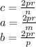 c=\frac{2pr}{n}\\&#10;a=\frac{2pr}{m}\\ &#10;b=\frac{2pr}{p}