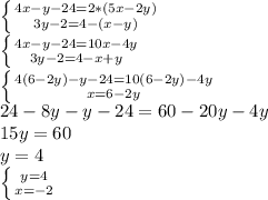 \left \{ {{4x-y-24=2*(5x-2y)} \atop {3y-2=4-(x-y)}} \right. \\ \left \{ {{4x-y-24=10x-4y} \atop {3y-2=4-x+y}} \right. \\ \left \{ {{4(6-2y)-y-24=10(6-2y)-4y} \atop {x=6-2y}} \right. \\ 24-8y-y-24=60-20y-4y \\ 15y=60 \\ y=4 \\ \left \{ {{y=4} \atop {x=-2}} \right.