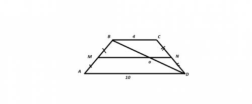 Основаниая трапеции равны 4см и 10см .диоганаль трапеции делит среднюю линию на два отрезка .найдите