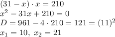 (31-x)\cdot x=210\\x^2-31x+210=0\\D=961-4\cdot210=121=(11)^2\\x_1=10,\;x_2=21