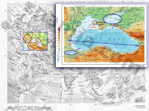 Черное море 1)в каком направлении вытянуто черное море и на сколько километров. 2)какие берега каких