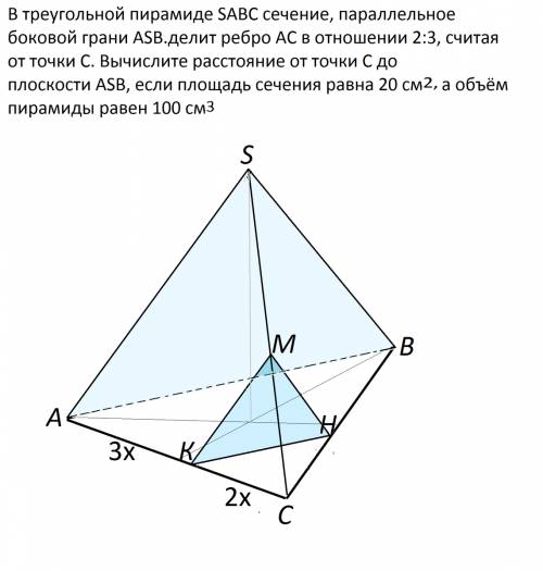Втреугольной пирамиде sabc сечение, параллельное боковой грани asb.делит ребро ас в отношении 2: 3,