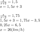 \frac{s}{x+2}=1,5\\s=1,5x+3\\\\\frac{s}{x-2}=1,75\\1,5x+3=1,75x-3,5\\0,25x=6,5\\x=26(km/h)