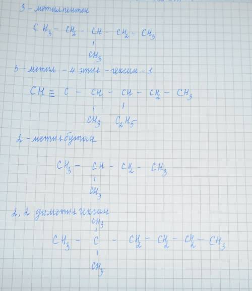 Составить формулы следующих соединений: 3-метилпентен 3-метил-4-этил-гексин-1 2-метилбутан 2,2-демет