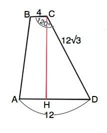 Основания трапеции равны 4 и 12, одна из боковых сторон равна 12корней из 3, а угол между ней и одни