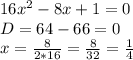 16x^2-8x+1=0 \\ D=64-66=0 \\ x=\frac{8}{2*16}= \frac{8}{32}=\frac{1}{4}