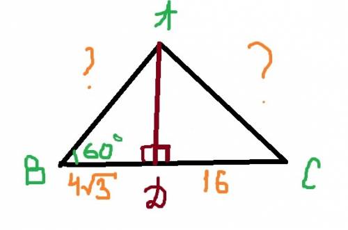 Треугольник abc, высота ad делит сторону bс на отрезки. bd = dc = 16 угол abc = 60 градусов. найти: