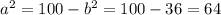 a^{2} =100- b^{2} =100-36=64