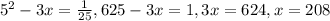 5^{2}-3x= \frac{1}{25} , 625-3x=1, 3x=624, x=208