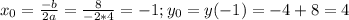 x_0 = \frac{-b}{2a} = \frac{8}{-2*4} = -1; y_0 = y(-1) = -4 + 8 = 4