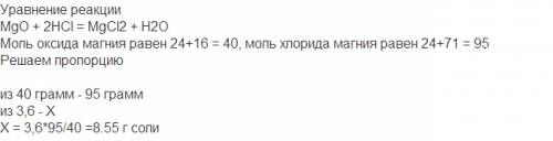 Вычислите массу солей которая образуется в результате взаимодействия магний оксид с массой 3,6 с хло