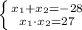 \left \{ {{x_1+x_2=-28} \atop {x_1\cdot x_2=27}} \right.