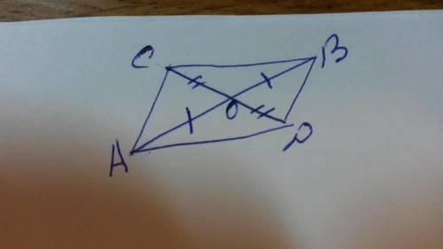 Счертежом )) прямые ab и cd пересекаются в точке о. oa=ob,oc=od. докажите что треугольникacd=треугол