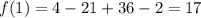 f(1)=4-21+36-2=17