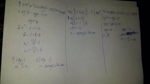 1)cos x/2+sin x/2=0 2)2sin^2x-sinxcosx-cos^2x=0 3)sinxcosx+sin^2x=0 ! хх