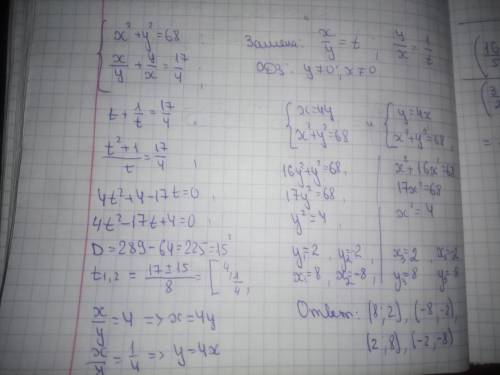 Решить, надо: (16/5 - 1,7) : 0,05/(33/20 - 1,5): 1,5 = и систему: {x²+y²=68 {x/y + y/x = 17/4