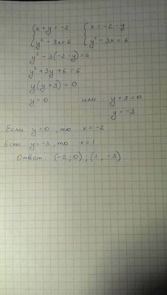 Решите систему уравнений . {x+y=-2 {y^2-3x=6