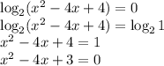 \log_2(x^2-4x+4)=0 \\ \log_2(x^2-4x+4)=\log_21 \\ x^2-4x+4=1 \\ x^2-4x+3=0