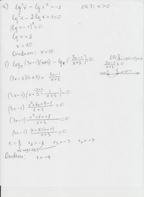 A) lg²x-lg x²=-1 б) log₅((3x-1)(x+₅ 3x-1/x+3=0 в)log₂(x-4)+log₂(2x-1)=2log₂3