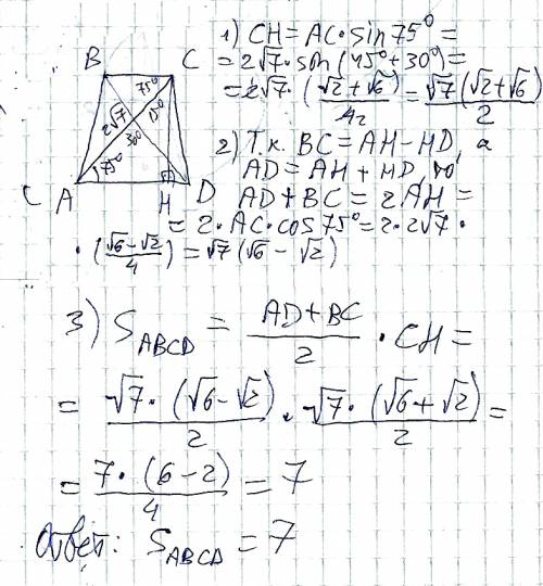 Диагональ равнобедренной трапеции равна 2√7 и образует с основанием угол в 75° найдите площадь трапе