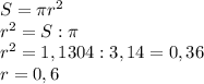 S= \pi r^{2} \\ r^{2} =S: \pi \\ r^{2} =1,1304:3,14=0,36 \\ r=0,6