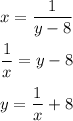 \displaystyle x= \frac{1}{y-8} \\\\ \frac{1}{x}=y-8\\\\y= \frac{1}{x}+8