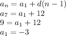 a_n=a_1+d(n-1)\\a_7=a_1+12\\9=a_1+12\\a_1=-3