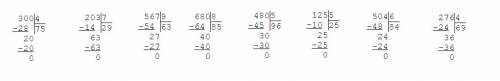 Выполни деление используя запись уголком 300: 4 203: 7 567: 9 680: 8 480: 5 125: 5 504: 6 276: 4