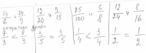 Сравните дроби,сократив их; запишите результат с знака > , < или =: а)14/6 и 24/9 б)12/20 и 9/