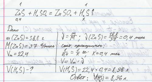 Найдите объем газа (н. выделившегося при растворении 38,8 сульфида цинка в избытке раствора серной к