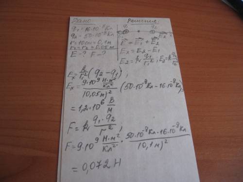 Решите, надо! буду ) два одноименных заряда q1 = 16*10^-8 кл и q2 = 50*10^-8 кл находятся на расстоя