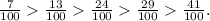 \frac{7}{100}\frac{13}{100}\frac{24}{100}\frac{29}{100}\frac{41}{100}.