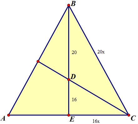 Биссектриса равнобедренного треугольника делит высоту, проведённую к основанию, на отрезки длиной 20