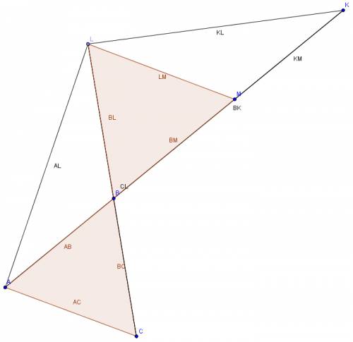Вправильном треугольнике abc на продолжении стороны ab за точку b отмечена точка k , на продолжении
